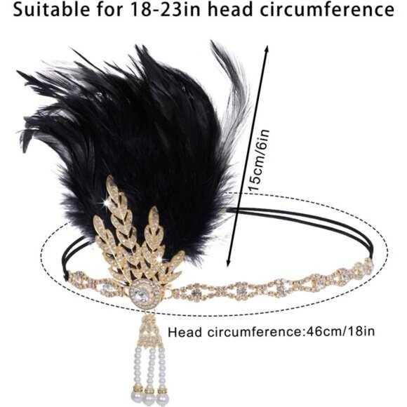 Flapper Feather Headband Roaring 20s Black Gold - Picture 2 of 8